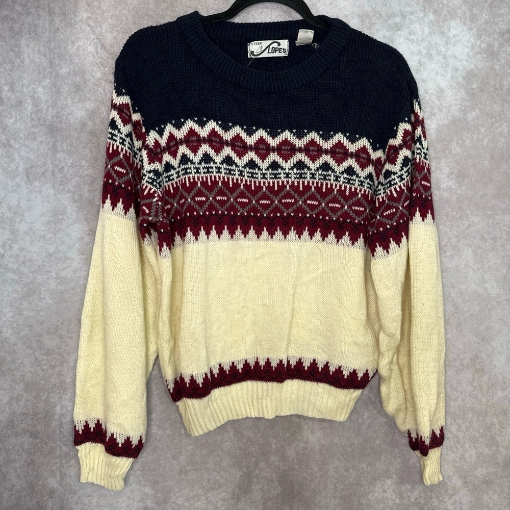 Vintage 90's Steep Slopes Sweater Womens Medium Nordic Fair Isle Navy‎ Blue